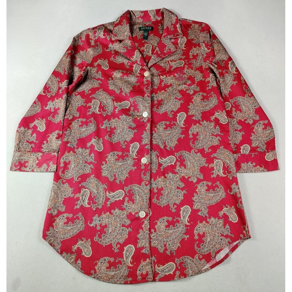Lauren Ralph Lauren Sleepshirt Womens Large Red Paisley Satin 3/4 Sleeve Boho